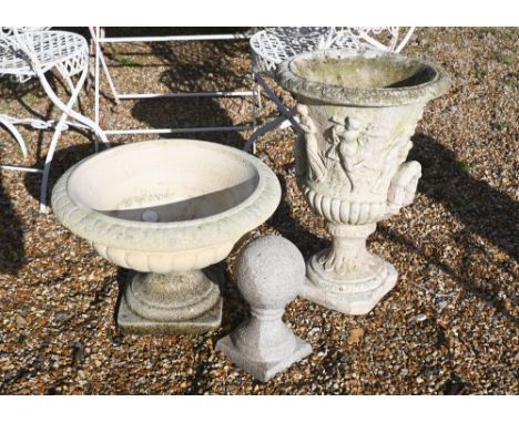 A reconstituted cast stone 'Medici' urn planter, 58 cm to/w French urn planter and ball finial (3) 