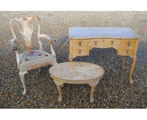 A Queen Anne style kneehole desk on cabriole supports with ball and claw feet, 100 x 50 x 76 cm high to/w tapestry seated car