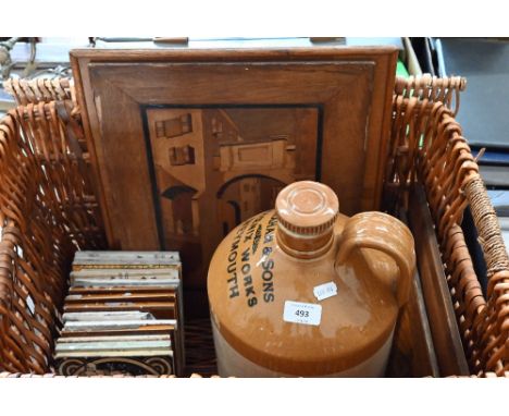 Various Victorian and later antique tiles, including five Minton examples to/w a large stonware flagon printed for A Graham &