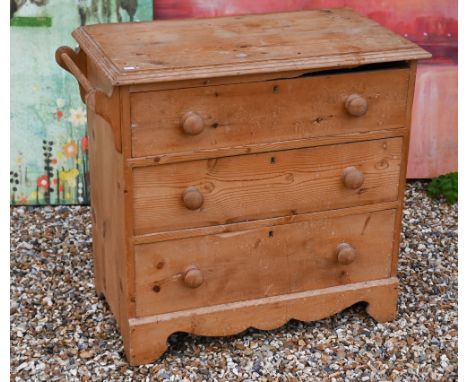 A vintage pine chest with three long drawers and rail to one side, 90 x 46 cm deep x 80 cm high 