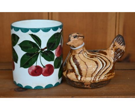 An antique Whieldon-type novelty 'hen' money-box, 8.5 cm high to/w a Wemyss pottery cylindrical pot painted with cherries (2)