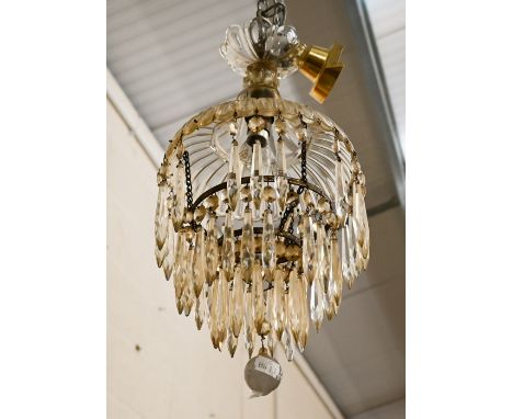 Vintage brass three-tier waterfall electrolier with faceted glass drops 