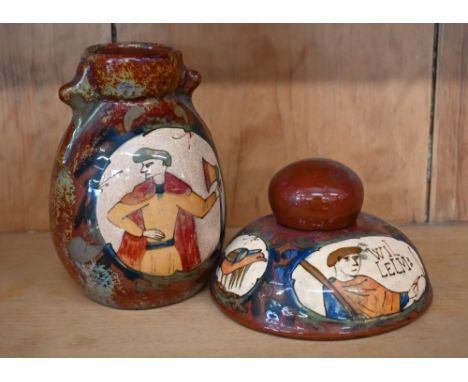 A French faience domed inkwell, painted with fragments of the Bayeux tapestry featuring William and Harold, by Louis Etienne 