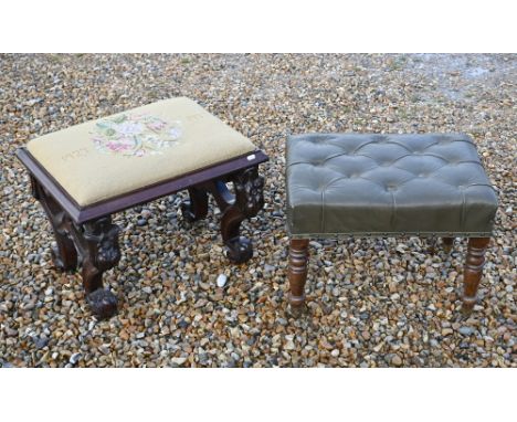 A footstool with carved legs and needlepoint upholstery floral decoration (1927 - 1977) to/w a footstool with green button ba