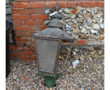 A weathered antique copper four window gas lantern hood c/with lamp post fitting - as found, 38 cm x 38 cm x 95 cm h o/all 