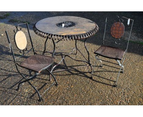 A circular metal terrace table (100 cm diam) and c/w two tile backed folding chairs 