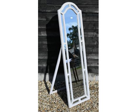 A distressed light grey painted hardwood full length easel-back dressing mirror, 170 cm h x 49 cm w 