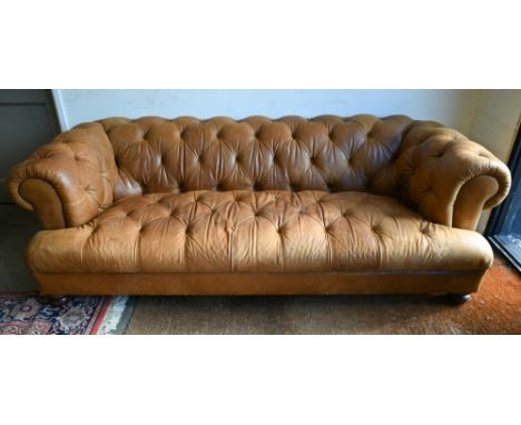 A John Lewis tan leather button upholstered Chesterfield sofa - Drummond Grand 3-seater model B1136, 230 x 100 x 70 cm h 