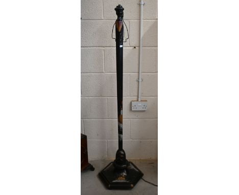 A Japanned black lacquer octagonal standard lamp with painted and gilded decoration 
