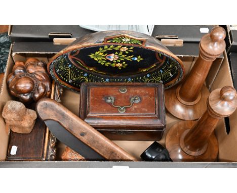 A pair of turned wood candlesticks with detachable finial covers, 37 cm high t/w a Continental painted wood bowl, Georgian ma
