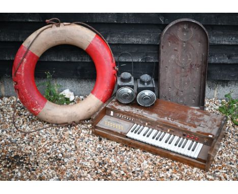 A vintage ships Perry Buoy to/with an old bagatelle board, a companion pair of vintage railway lamps and a Lieberstein 700 el