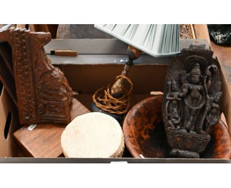 An Asian carved wood box in the form of a corbel to/w a Burmese relief-carved plaque, three turned wood bowls, a floral-paint