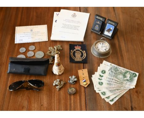 A pair of Bausch &amp; Lomb Ray-Ban sunglasses in leather wallet, to/w two boxed Zippo lighters, two Royal Hussars cap-badges