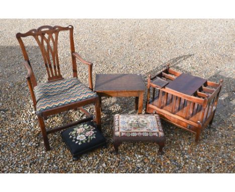 Single wooden frame armchair, reproduction mahogany Canterbury to/w a small oak occasional table and two floral tapestry foot