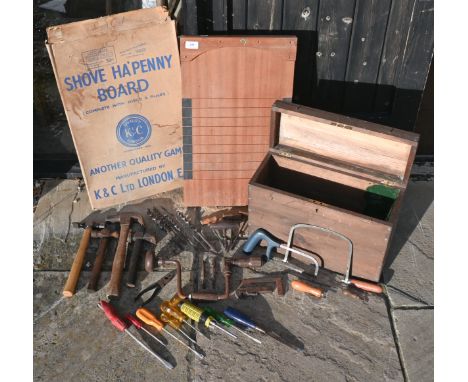 A vintage wood shove ha'penny board in original box - apparently unused to/w a wooden box containing an assortment of tools
