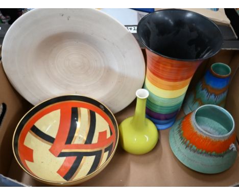 Two Art Deco Shelley vases with trailing multi-coloured glazes to/w a Carlton Ware bowl with angular design (retaining origin