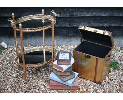 A French gilt metal drinks table with mirrored oval trays to/w Timothy Oulton style small trunk and painted wooden decorative