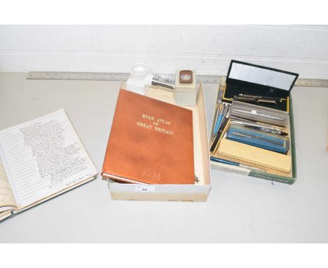 Mixed Lot: Various assorted pens, road atlas of Britain and other items