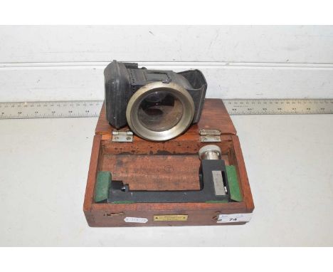 Cased precision level bearing makers mark Mechanism Ltd, Croydon together with a vintage motor lantern