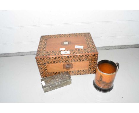 An inlaid jewellery box together with a further small base metal box and a ceramic tankard (3)