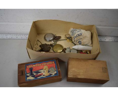 Box of mixed items to include various military cap badges, crested china wares, vintage scales, cribbage board, wooden chess 