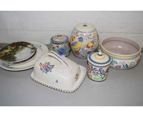 Mixed Lot: Poole Pottery items to include preserve jars, butter dish, bowl and table lamp base plus further decorated plates 