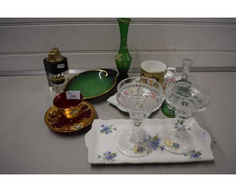 Mixed Lot: Various pottery and glass wares to include dressing table trays, glass bell, ruby and gilt glass cup and saucer pl