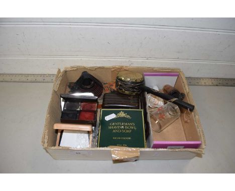 Box of various vintage razors, small dolls heads and other items