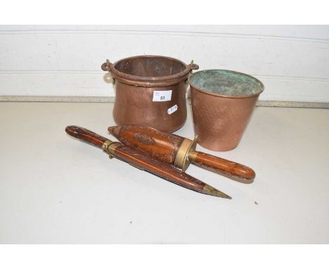 Mixed Lot: Two small copper pans and Far Eastern carving tools