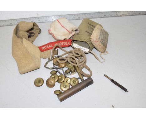 Mixed Lot: Various vintage military buttons, packet of First field dressing, Royal Norfolk sew on badges, webbing belt, small