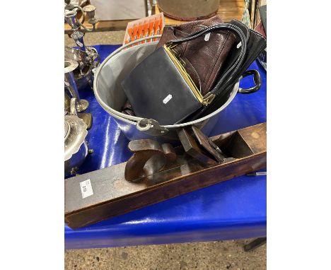 Mixed Lot: An aluminium preserve pan together with a woodworking plane and vintage bags