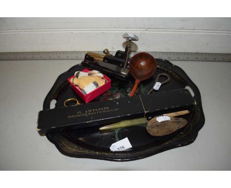 Mixed Lot: Lacquered tray, vintage toy mouse, slide rule, snuff bottle etc