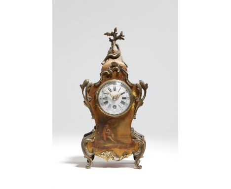 A French Vernis Martin style mantel timepiece, the eight day brass drum movement with a platform lever escapement, the backpl