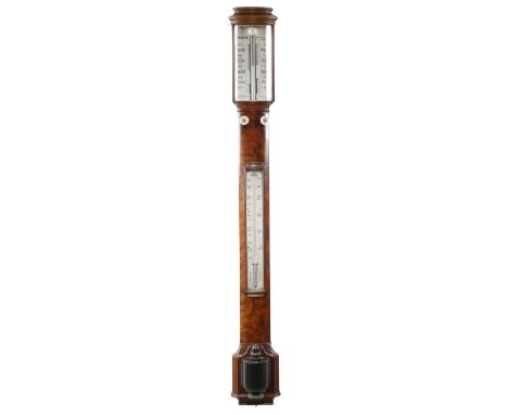 λ An early Victorian mahogany bowfront stick barometer,  the ivory dials for yesterday and today with twin adjustable vernier