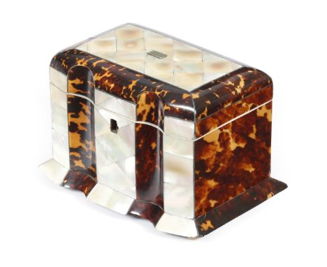 λ An early Victorian tortoiseshell and mother of pearl tea caddy, the hinged lid with a vacant plaque, revealing a twin-lidde