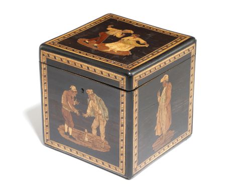 A 19th century Italian Sorrento ware macassar ebony and marquetry cube tea caddy, with parquetry bands and inlaid with figure