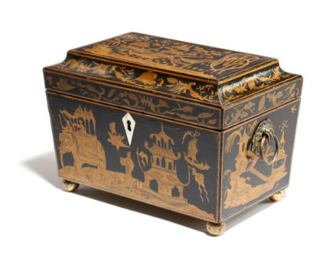 A Regency penwork sarcophagus shape tea caddy, decorated with chinoiserie scenes, with pagodas, figures, ships and an elephan