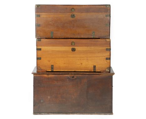 A pair of 19th century Anglo-Chinese camphorwood and brass bound trunks, 39.5cm high, 87.5cm wide, 44.6cm deep, together with