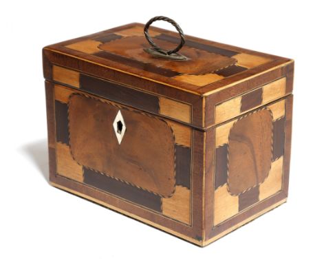 An early 19th century mahogany and specimen wood tea caddy, inlaid with barber's pole stringing and panels of various woods, 