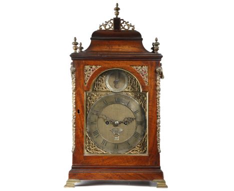 A George III mahogany bracket clock by James Muckarsie of Holborn, the eight day brass repeating movement with a verge escape