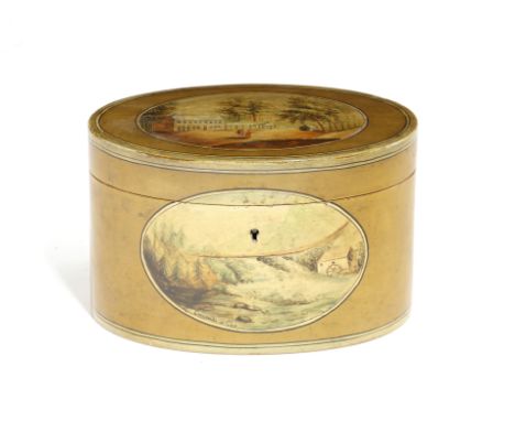 A rare early 19th century Belgian Spa oval painted tea caddy, the hinged lid, front and back decorated with landscape scenes 