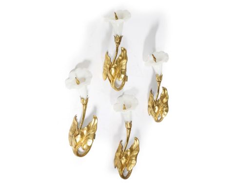 A set of four early Victorian gilt brass and opaline glass curtain tie-backs by R. W. Winfield, each in the form of a lily, m