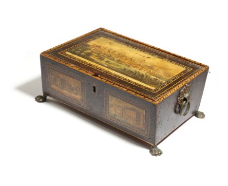 Brighton interest. A Regency simulated rosewood workbox, the hinged lid with a printed view of Brighton Pavilion, titled 'VIE