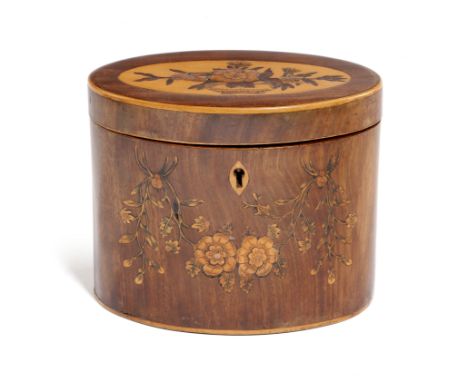 A George III mahogany and marquetry oval tea caddy, inlaid with panels of urns and flowers, the hinged lid revealing a lidded