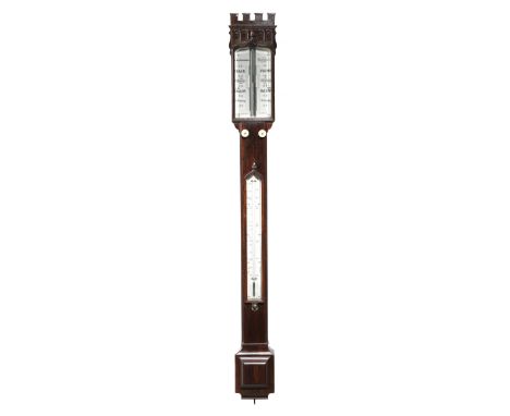 λ An early Victorian rosewood stick barometer by Casartelli of Liverpool, the ivory dials for yesterday and today with twin a