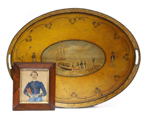 Naval interest. A 19th century painted tole oval tray, the gallery with a pair of pierced handgrips and painted with a centra