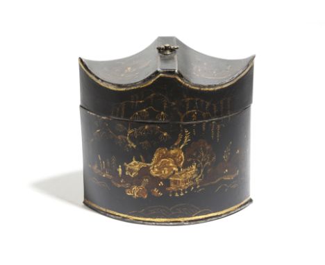 An early 19th century black japanned tole tea caddy, of navette shape, gilt decorated with chinoiserie scenes, the hinged pag