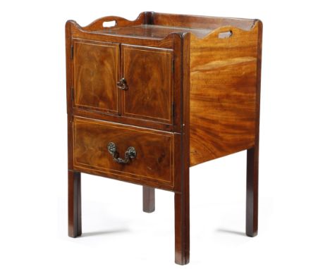 A George III mahogany tray-top bedside commode, inlaid with stringing, the gallery top pierced with two handgrips, above cupb