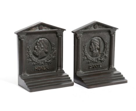 A pair of American bronzed Grand Tour style bookends by Bradley &amp; Hubbard, each in the form of a temple facade centred wi