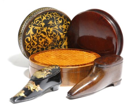 Five snuff boxes, comprising: a George III mahogany and satinwood oval example, a black lacquer papier-mache box with gilt de